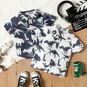 Toddler Boy Animal Dinosaur Print Lapel Collar Button Design Short-sleeve Shirt
