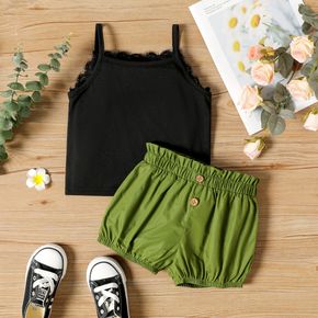 2-piece Toddler Girl Lace Design Black Camisole and Button Design Paperbag Green Shorts Set