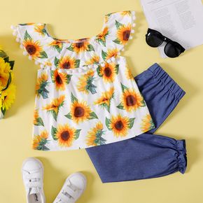 2-piece Kid Girl Floral Print Off Shoulder Pompom Design Tee and Denim Jeans Set