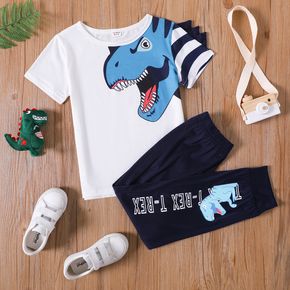 2-piece Kid Boy Animal Dinosaur Print Spike Design Short-sleeve Tee and Letter Print Dark Blue Pants Set