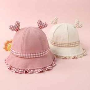 Baby / Toddler Buffalo Plaid Embroidered Heart Dua Ears Ruffle Trim Bucket Hat