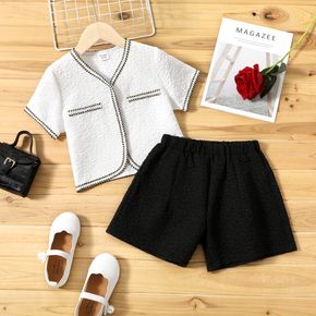 2-piece Kid Girl Tweed Design Textured Short-sleeve Cardigan and Elasticized Black Shorts Set