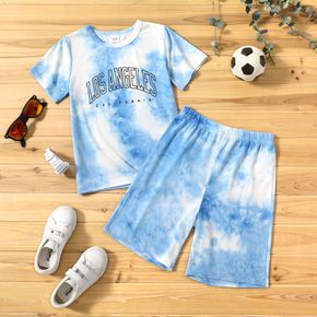 2-piece Kid Boy Letter Print Tie Dyed Tee and Elasticized Shorts Set
