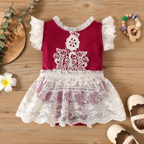 Baby Girl Lace Splicing Flutter-sleeve Red Romper Party Dress