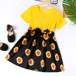 Kid Girl Floral Sunflower Print Splice Belted Short-sleeve Dress