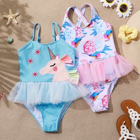 Kid Girl Mesh Design Floral/Unicorn Print Onepiece Swimsuit