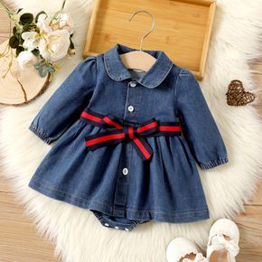 Baby Girl Blue Denim Button Front Long-sleeve Romper Dress