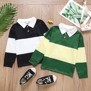 Kid Boy Polo Collar Button Design Colorblock Sweatshirt