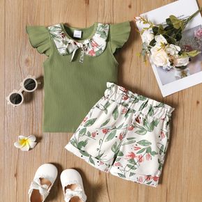 2-piece Toddler Girl Doll Collar Ribbed Flutter-sleeve Green Te and Floral Print Paperbag Shors Set