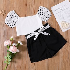 2-piece Kid Girl Polka dots Square Neck Puff-sleeve Blouse and Belted Black Shorts Set