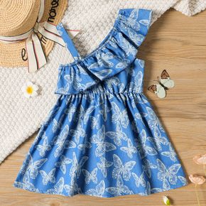 Toddler Girl Butterfly Print Sleeveless Flounce Denim Blue Strap Dress