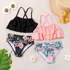 2-piece Kid Girl Ruffled Camisole Top and Floral/Leaf Print Briefs Bikini Swimsuit Set
