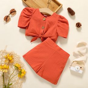 2pcs Toddler Girl 100% Cotton Button Design Tie Knot Puff-sleeve Top and Orange red Shorts Set
