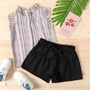 2-piece Kid Girl Stripe Ruffle Collar Sleeveless Tee and Belted Black Shorts Set