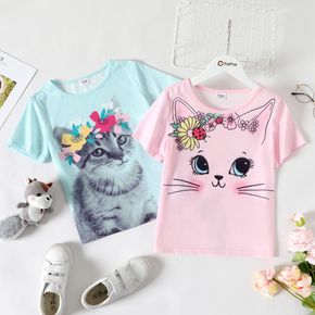 Kurzarm-T-Shirt mit Blumendruck für Kinder, Mädchen, Tier, Katze