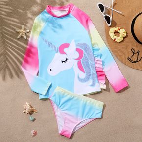 2-piece Kid Girl Unicorn Print Tie Dyed Ruffled Long-sleeve Top and Briefs Swimsuit Set