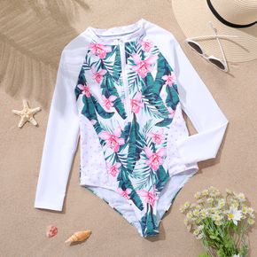 Kid Girl Floral Leaf Print Zipper Design Long-sleeve Onepiece Swimsuit