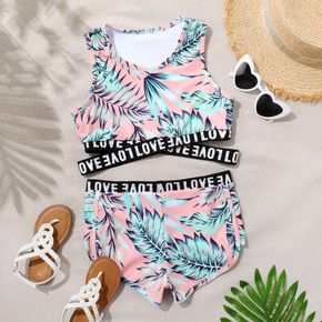 2-piece Kid Girl Floral Letter Print Crisscross Tank Top and Shorts Swimsuit Set