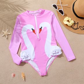 Kid Girl Animal Print Zipper Design Long-sleeve Pink Onepiece Swimsuit