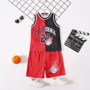 2-piece Kid Boy Letter Basketball Print Colorblock Tank Top and Red Shorts Sporty Set