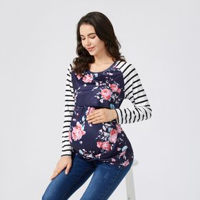 Mutterschaft Rundhalsausschnitt Blume Streifen Voller Druck Langärmliges Still-T-Shirt