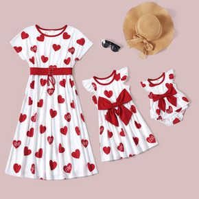 Valentine's Day All Over Red Love Heart and Letter Print Short-sleeve Midi Dress for Mom and Me
