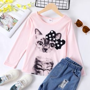 Kid Girl Animal Cat Bowknot Print Long-sleeve Pink Tee