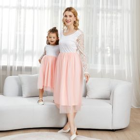 Lace Long-sleeve Splicing Mesh Party Dress for Mom and Me