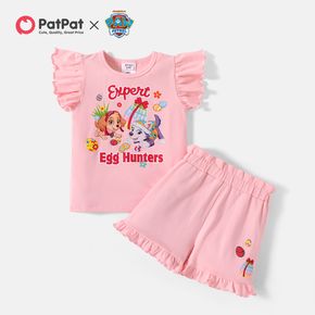 PAW Patrol 2-piece Toddler Girl Easter Letter Print Flutter-sleeve Pink Cotton Tee and Ruffled Shorts Set