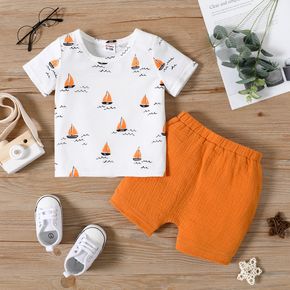 2pcs Baby Boy All Over Sailboat Print Short-sleeve T-shirt and 100% Cotton Crepe Shorts Set