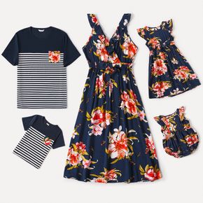 Family Matching Floral Print V Neck Ruffle Sleeveless Dresses and Striped Splicing Short-sleeve T-shirts Sets