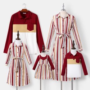 Family Matching Red Striped Lapel Belted Long-sleeve Shirt Dresses and Color Block Polo Shirts Sets