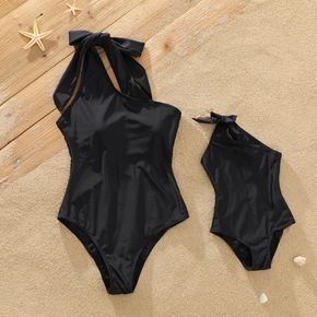 Black Self-tie One Shoulder Sleeveless One-Piece Swimsuit for Mom and Me