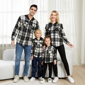 Family Matching Black and White Plaid Long-sleeve Hooded Outwear Tops