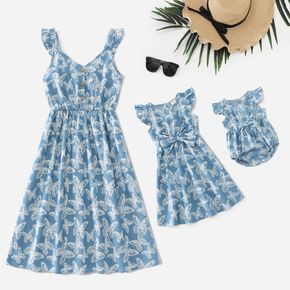 All Over Butterfly Print Blue Flutter-sleeve Button Up Dress for Mom and Me