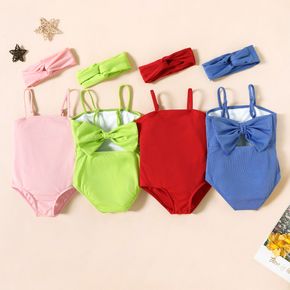 2-piece Toddler Girl Bowknot Design Solid Color Adjustable Strap Onepiece Swimsuit and Headband Set
