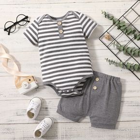 2pcs Baby Boy Grey Striped Ribbed Short-sleeve Romper and Shorts Set