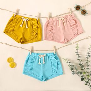 Toddler Girl Ruffled Bowknot Design Solid Color Elasticized Shorts