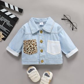 Leopard Splicing Blue Baby Cotton Long-sleeve Denim Jacket