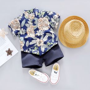 3pcs Toddler Boy Straw Hat and Floral Leaf Print Shirt & Shorts Set