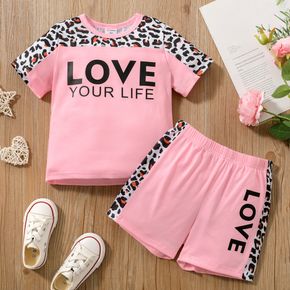 2-piece Toddler Girl Letter Leopard Print Short-sleeve Pink Tee and Elasticized Shorts Set