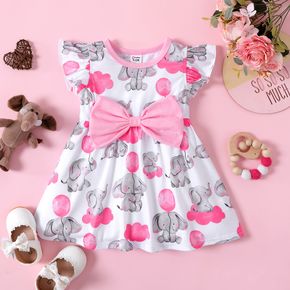 Baby Girl All Over Cartoon Elephant and Pink Balloon Print Flutter-sleeve Bowknot Dress