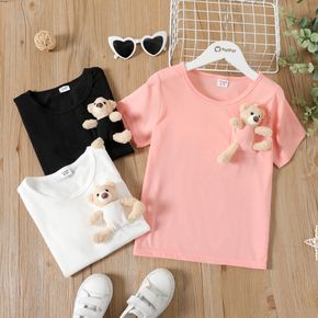 Kid Girl Casual Pocket Design Solid Color Short-sleeve Tee (Bear Doll is included)