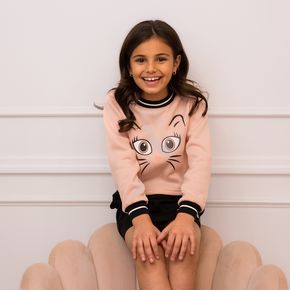 2-piece Kid Girl Animal Cat Print Striped Sweatshirt and Letter Print Skirt Set