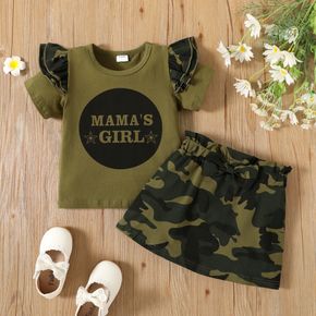 2-piece Toddler Girl Letter Print Ruffled Tee and Bowknot Design Camouflage Print Skirt Set