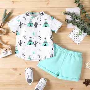 2pcs Baby Boy All Over Cactus Print Short-sleeve Shirt and 100% Cotton Solid Shorts Set