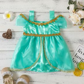 Baby Girl Cold Shoulder Puff Sleeve Green Satin Romper Princess Party Dress