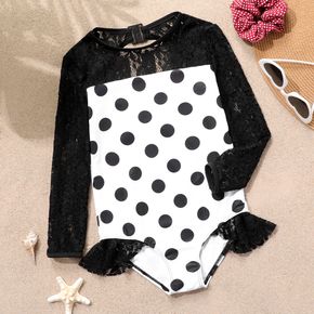 Kid Girl Lace Design Polka dots Backless Long-sleeve Onepiece Swimsuit