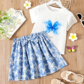 2-piece Kid Girl Butterfly Letter Print White Tee and Bowknot Design Denim Skirt Set