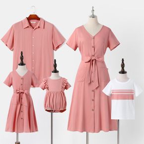 Family Matching Solid V Neck Button Front Short-sleeve Dresses and Tee Shirts Sets